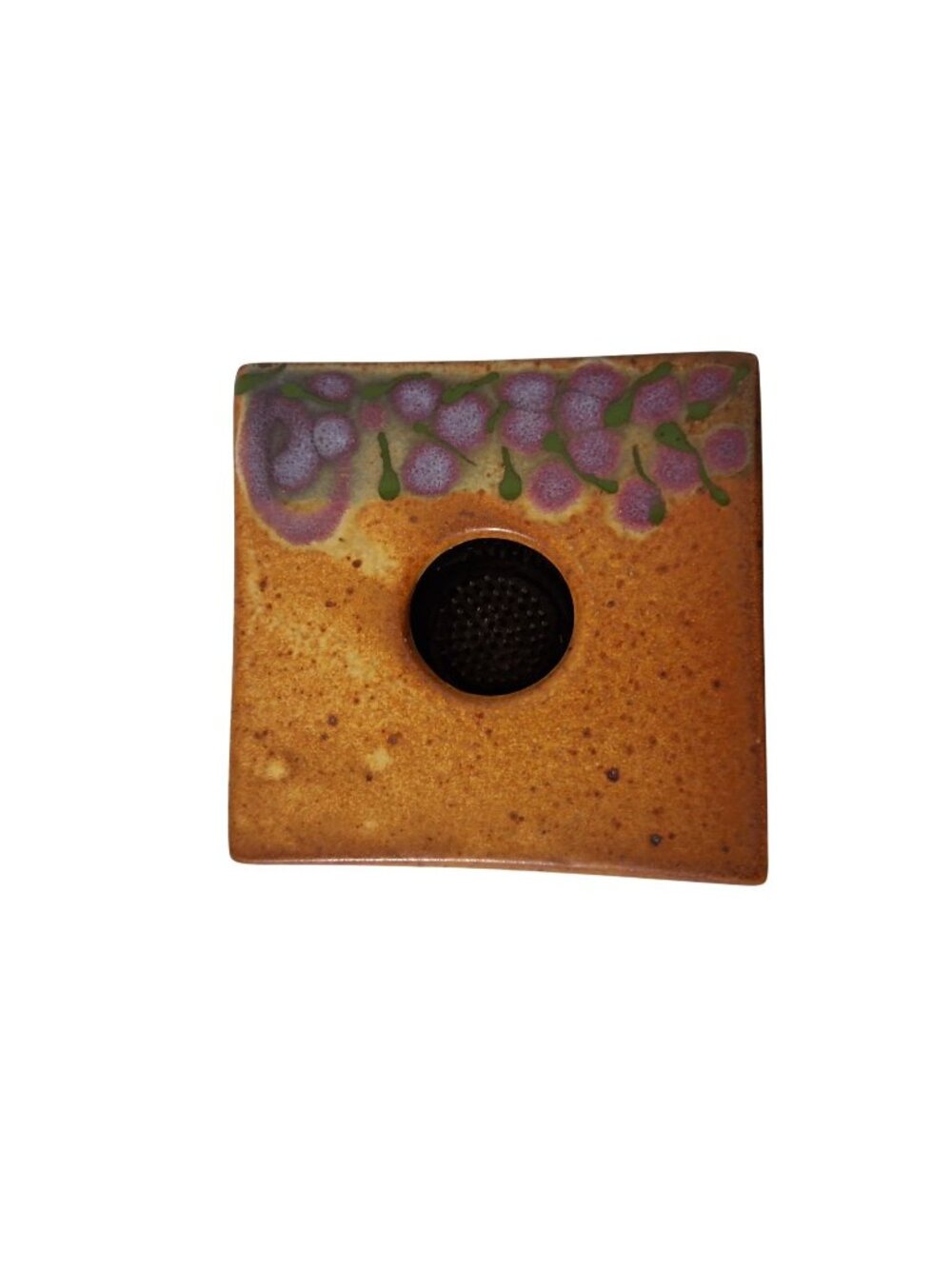 Pottery Ikebana Vase Flower Frog Purple Florals
